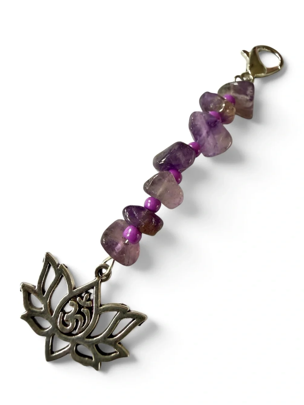 Handmade Amethyst Keychain/Bag Charm with Silver‑Tone Lotus & Om Symbol